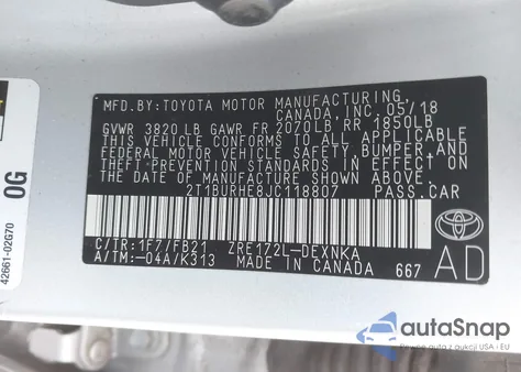 2018 Toyota Corolla Le z USA, uszkodzony, nr VIN 2T1BURHE8JC118807